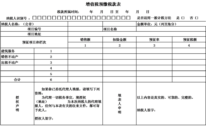 增值税预缴税款表