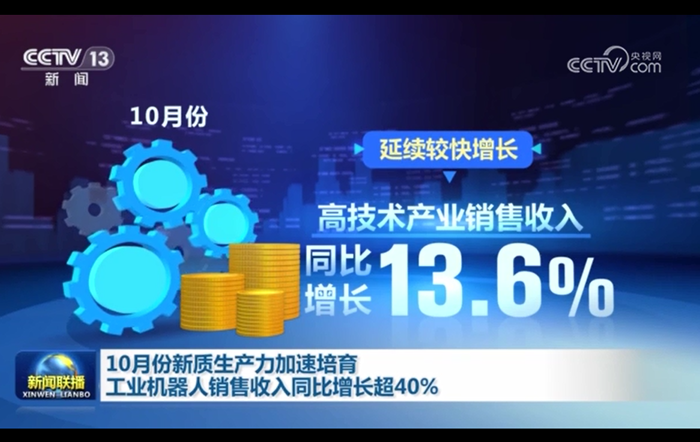税收数据显示 10月份新质生产力加速培育 工业机器人销售收入同比增长超40%