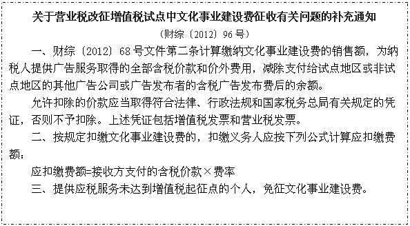 文本框: 关于营业税改征增值税试点中文化事业建设费征收有关问题的补充通知
(财综〔2012〕96号)
一、财综〔2012〕68号文件第二条计算缴纳文化事业建设费的销售额,为纳税人提供广告服务取得的全部含税价款和价外费用,减除支付给试点地区或非试点地区的其他广告公司或广告发布者的含税广告发布费后的余额。
允许扣除的价款应当取得符合法律、行政法规和国家税务总局有关规定的凭证,否则不予扣除。上述凭证包括增值税发票和营业税发票。
二、按规定扣缴文化事业建设费的,扣缴义务人应按下列公式计算应扣缴费额:
应扣缴费额=接收方支付的含税价款×费率
三、提供应税服务未达到增值税起征点的个人,免征文化事业建设费。